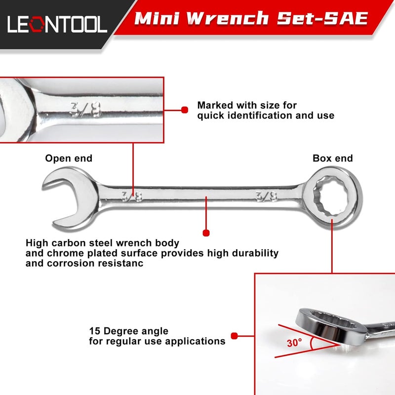 LEONTOOL Mini Wrench Set, 10-Piece SAE Wrenches, Rust-Resistant Chrome Finish, Ideal for Automotive, Industrial, Home, Hobby - Silver - Image 2